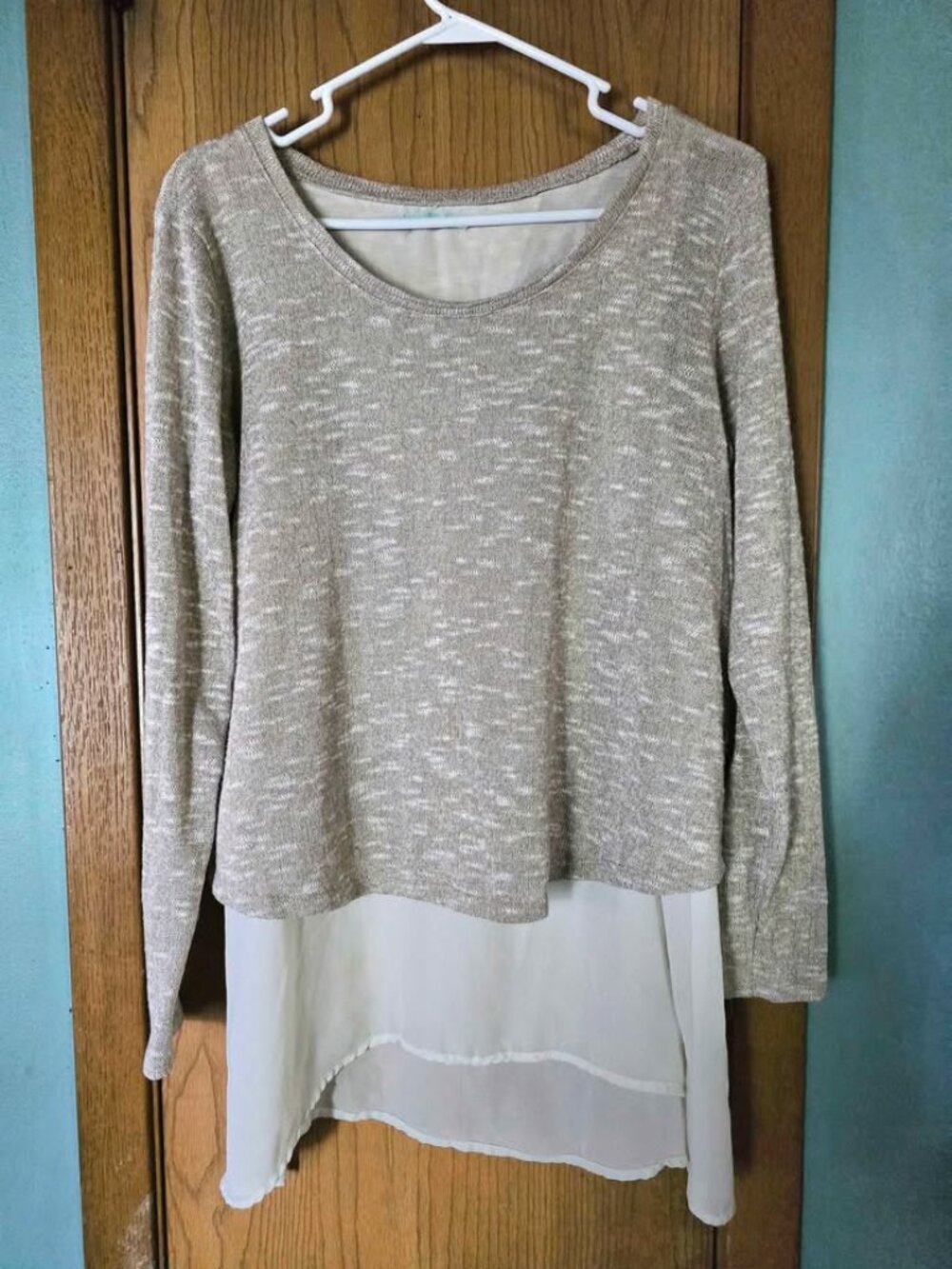 Size XL Maurices Tan, Gold, & Sheer Cream Layered Long Sleeve Sweater Shirt